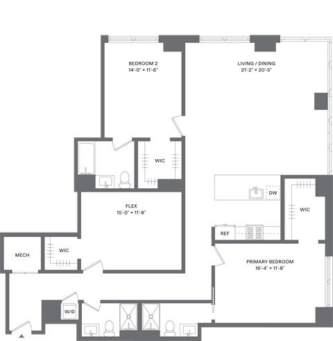 Floor plan for 2 beds, 3 baths, 1667 sqft